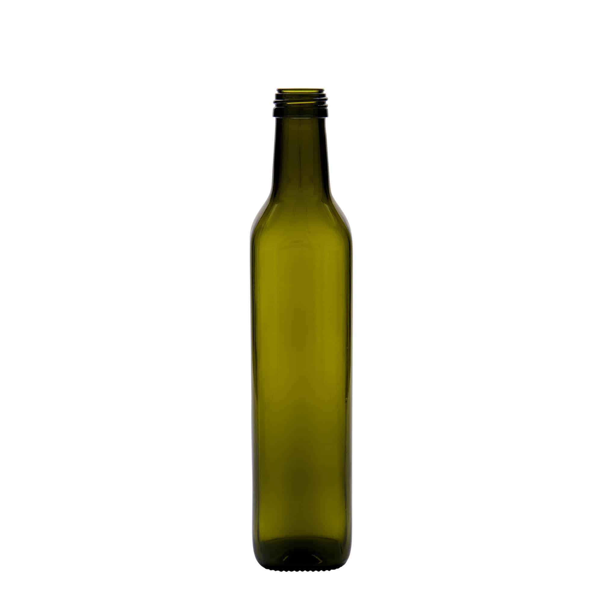 500 ml-es üvegpalack 'Marasca', négyzet alakú, antikzöld, szájnyílás: PP 31,5